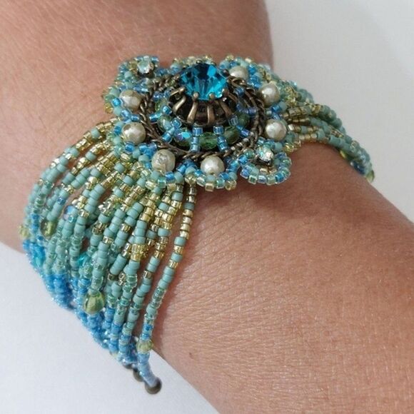 Vintage Satellite Paris Blue Green Beadwork Bracelet with Hook and Loop Clasp - Picture 2 of 6